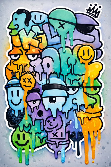A colorful graffiti-style sticker art piece showing a cluster of stylized, smiling cartoon faces with a dripping paint effect in bright blues, greens, oranges, purples, and yellows.