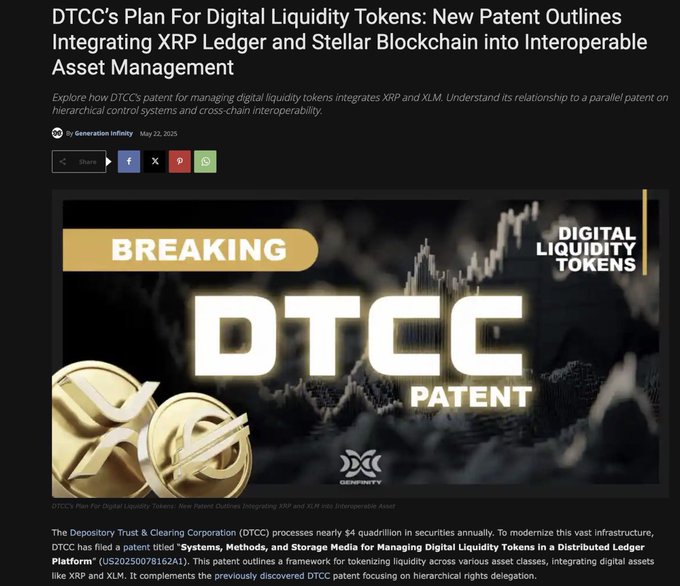 The image features a poster or advertisement with text that reads "BREAKING DTCC PATENT PORTAL". The poster also includes two gold coins, one of which has a dollar sign on it. The main content of the image is related to digital currency, specifically the patent for tokens called "DTCC's Plan For Digital Liquidity Tokens: New Patent Outlines Integrating XPR and Stellar Blockchain into Interoperable Asset Management".