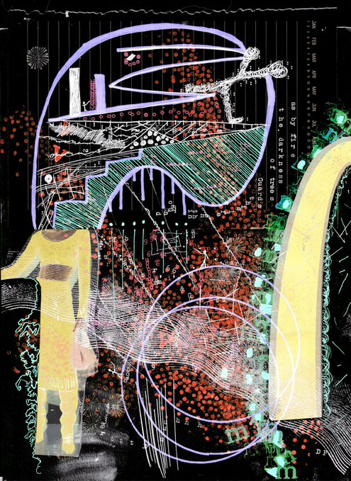 An abstract digital collage with chaotic lines, red dots, purple swirls, a yellow figure on the left, and scattered text fragments on a black background.