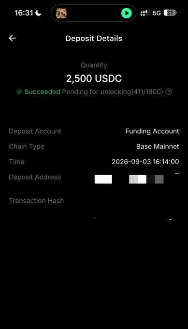 A "Deposit Details" screen showing a 2,500 USDC transaction on Base Mainnet marked as "Succeeded" (pending unlocking 411/1800). This corresponds to the poster's claim of earning +$2,500, providing the transaction record as proof of the new income.