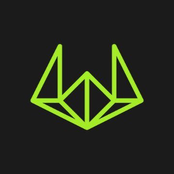 A geometric logo featuring a neon green origami-style fox or animal head design on a dark gray background.