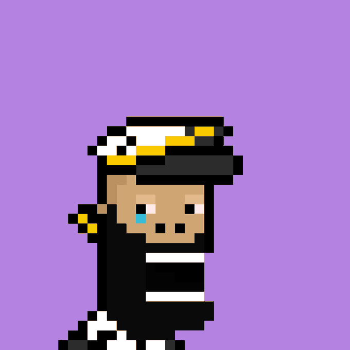 The image features a cartoon character wearing a hat with a feather and black and white stripes, standing on one leg against a purple background. The caption below the picture explains that this character appears to be a toy or model, possibly made of wood. The image also includes text stating it was created by an AI named x3 and minted at HHD #3139/3205 Raffles for x2 @headuck_avax @BasedApeGang Mint price, which is shared on social media in the form of a post.