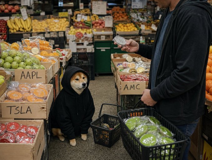 A corgi dog wearing a black hoodie sits in a market aisle next to boxes labeled with stock tickers 'AAPL', 'TSLA', and 'AMC' filled with fruit, while a person holds a coin and a shopping basket of green apples.