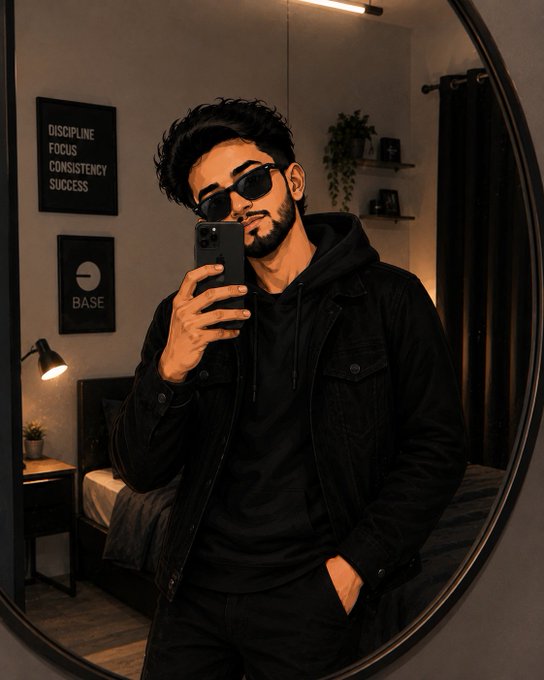 A mirror selfie of a man with a beard wearing sunglasses and a black jacket, with motivational wall art reading 'DISCIPLINE FOCUS CONSISTENCY SUCCESS' in the background.