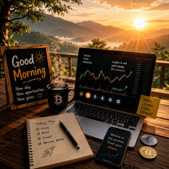 A motivational crypto-themed workspace setup shows a laptop displaying 'crypto is not just money, it's freedom' with a 'BULLISH' chart, alongside a 'Good Morning' chalkboard, a Bitcoin mug, a notebook with 'Today's Plan' checklist (Study, Build, Invest, Become Better), and sticky notes reading 'HODL LEARN EARN REPEAT'.