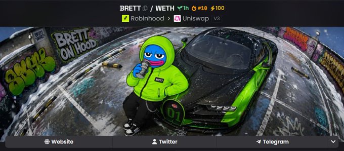 A meme-style banner for token 'BRETT / WETH' showing a green-hooded character leaning against a green Lamborghini with graffiti including 'BRETT ON HOOD' in the background; links for Website, Twitter, and Telegram are displayed below.