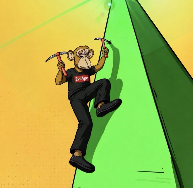 An animated illustration of a monkey wearing a black t-shirt labeled "EvilApe" and holding two pickaxes, climbing a green surface against a yellow background.