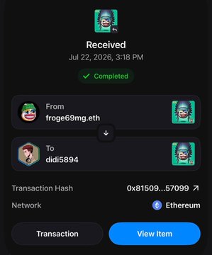 A mobile screenshot showing a completed NFT transaction on Ethereum, sent from "From froge69mg.eth" to "To didi5894," with a transaction hash beginning "0x81509...57099," received on Jul 22, 2026 at 3:18 PM. The image visually confirms the post's description of receiving an NFT gift from the @FROGE69mg community.