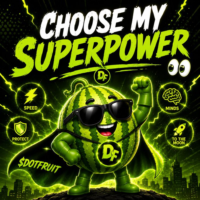 A cartoon watermelon character wearing sunglasses and a cape poses in a superhero stance, with text reading "CHOOSE MY SUPERPOWER" and options for Speed, Mind, Protect, and To the Moon, branded as $DOTFRUIT.