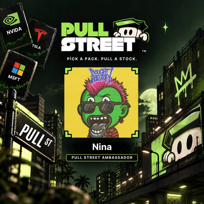 Promotional image for "Pull Street" featuring the tagline "PICK A PACK. PULL A STOCK." with stock cards for NVIDIA, TSLA, and MSFT, alongside a character card for "Nina" labeled as a "PULL STREET AMBASSADOR," set against a stylized urban nightscape with a "PULL ST" street sign and crown graffiti.

The image visually reinforces the post's excitement about the gamified stock-pack opening experience, highlighting the $PULL TGE momentum and the on-chain stock discovery mechanic the author is anticipating.