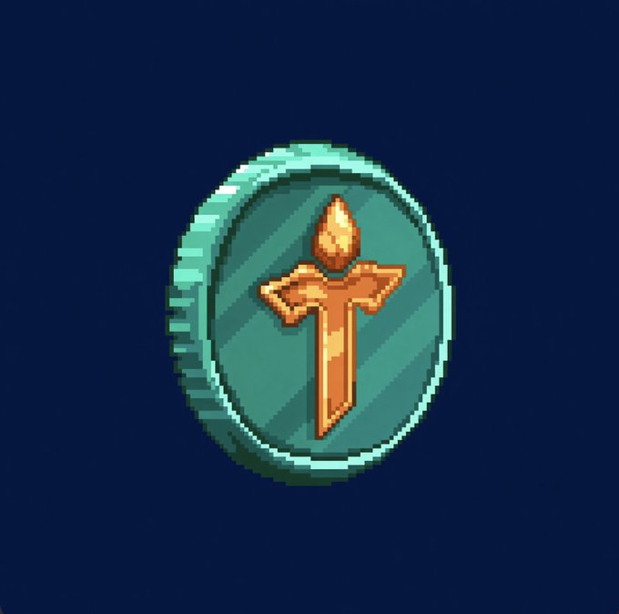 A pixel-art style icon depicting a golden Christian cross centered on a teal circular medallion against a dark blue background.