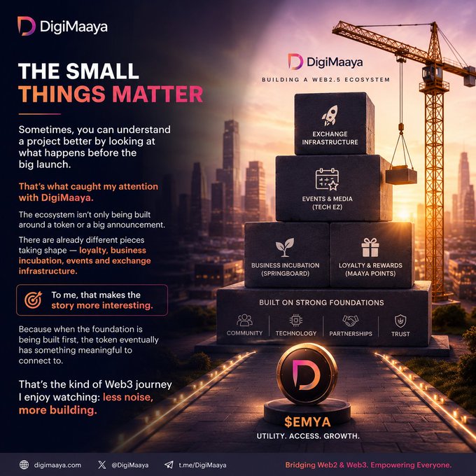 A promotional graphic for DigiMaaya detailing their Web 2.5 ecosystem, featuring stacked blocks representing infrastructure, business incubation, loyalty rewards, and events, with the tagline 'The Small Things Matter'.
