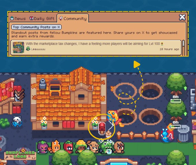 A pixel-art game screenshot showing a 'Community' popup over a village scene with a Top Community Post about marketplace tax changes from 'Leauuuu' posted 18 hours ago.