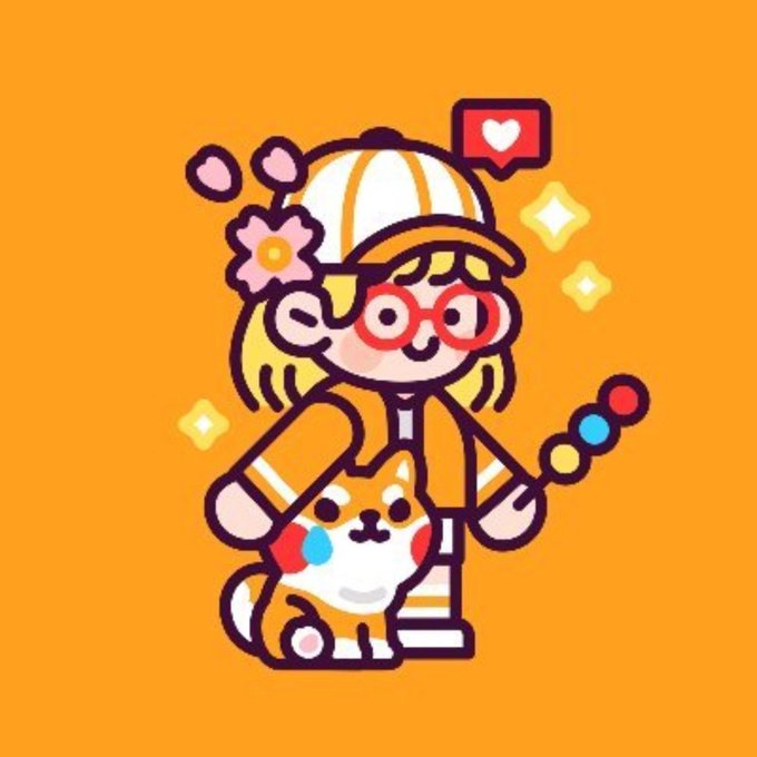 A cute cartoon illustration of a girl with blonde hair, red glasses, and a yellow cap, holding colorful candy or beads, with a small Shiba Inu dog beside her and a heart notification icon, set against an orange background.