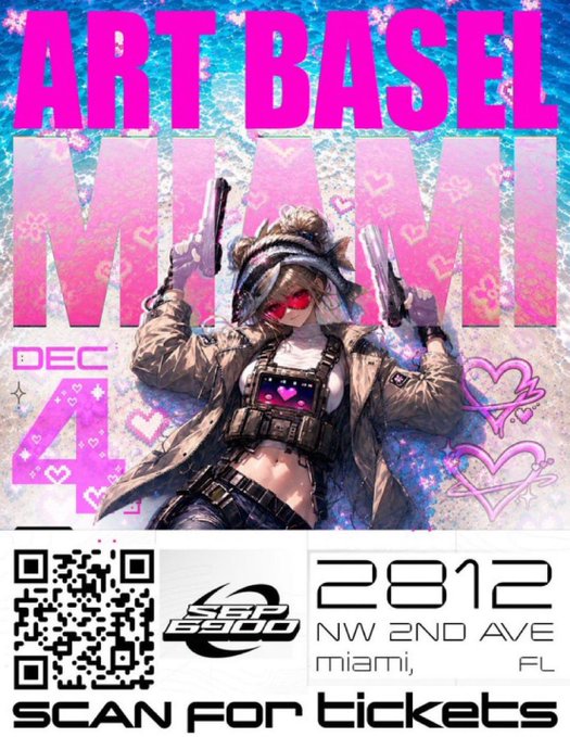 A vibrant pink-and-teal Art Basel Miami promotional poster features a stylized anime character with blonde hair and red visor holding two pistols, overlaid with bold "ART BASEL MIAMI" and "DEC 4" text, alongside a QR code and the address "2812 NW 2ND AVE, Miami, FL" with a "SCAN FOR TICKETS" call-to-action, promoting a Friday event during the first week of December that ties into the $SPX6900 community meetup referenced in the post.