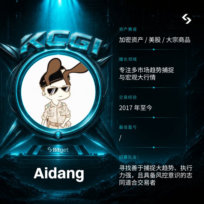 Bitget promotional graphic featuring the KGI leader 'Aidang,' with a cartoon avatar wearing sunglasses; text indicates asset channels (crypto/US stocks/commodities), expertise in multi-market trends since 2017, and recruitment for risk-conscious traders.