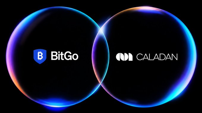The image features two overlapping iridescent bubbles displaying the BitGo and Caladan logos, visually symbolizing the partnership between the two firms. The glowing intersection of the bubbles represents the integration described in the post—where Caladan's API liquidity counterparties can settle trades through BitGo's Go Network on qualified custody infrastructure, reducing counterparty exposure.