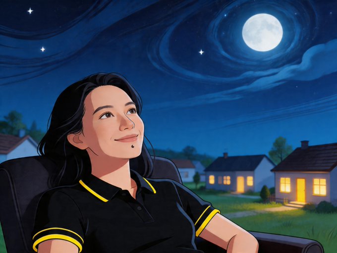 An illustrated scene of a young woman with long dark hair in a black and yellow polo shirt gazing at a large moon and swirling starry sky above a neighborhood with lit houses.