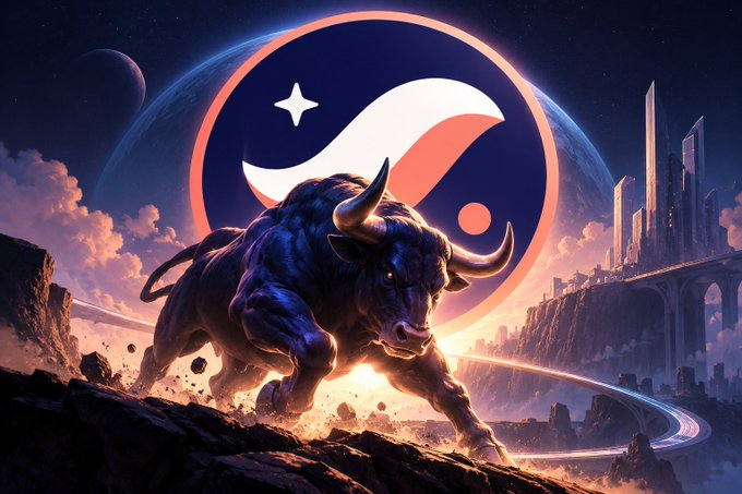 Fantasy artwork of a charging bull against a futuristic cityscape backdrop with a yin-yang logo.