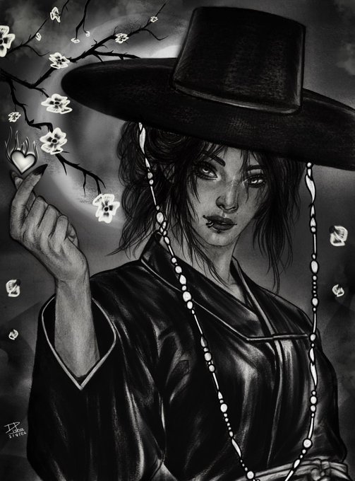 Monochrome digital illustration of a woman wearing a wide-brimmed traditional Korean hat (gat) and dark robe, holding a small flame near a flowering branch.