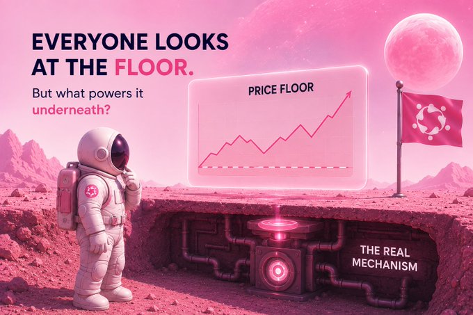 A pink-themed promotional graphic with the text 'EVERYONE LOOKS AT THE FLOOR. But what powers it underneath?' featuring an astronaut, a 'PRICE FLOOR' chart, and 'THE REAL MECHANISM' label.