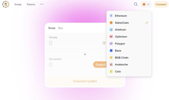 A screenshot of the SidraDEX swap interface shows a network selection dropdown menu with SidraChain currently selected among options including Ethereum, Arbitrum, Optimism, Polygon, Base, BNB Chain, Avalanche, and Celo. This visual supports the announcement of SidraDEX's multi-chain expansion by demonstrating how users can access the platform through SidraChain alongside other leading blockchain networks.