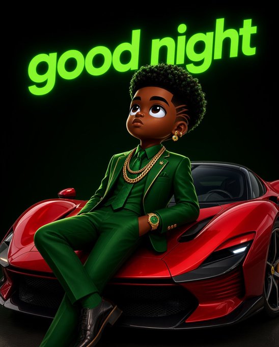 A stylized digital illustration features a young character in a green suit with gold chains sitting on a red sports car against a dark background, with 'good night' written in glowing green text above.