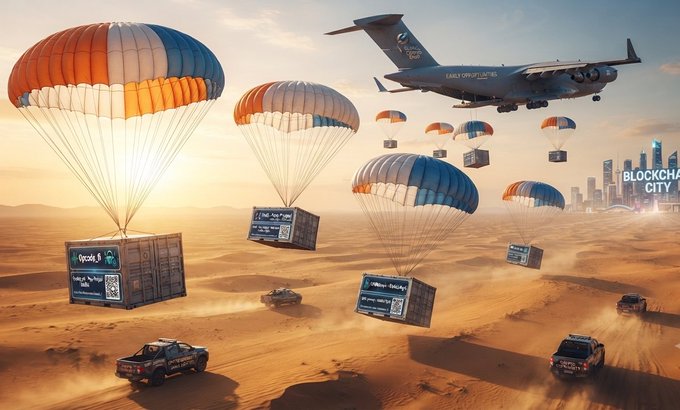 Airdrop hunters deploy parachute-equipped shipping containers over a desert landscape as a military cargo plane and off-road vehicles deliver crypto testnet boxes toward "Blockchain City" in the distance. The image visually reinforces the post's message about registering for early access opportunities, with the crates representing the crypto airdrops/testnet rewards being parachuted into the hands of eager participants.

Visible text includes "Blockchain City," "Early Opportunities," and what appears to be form URLs on the cargo boxes.