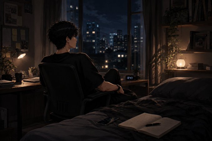 An anime-style illustration of a person with dark hair sitting in a chair by a window, overlooking a nighttime cityscape with illuminated skyscrapers, in a cozy bedroom setting.
