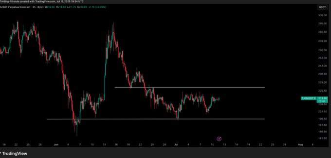 The image shows a TradingView 4-hour candlestick chart of Bittensor (TAOUSD) with the price currently around $215, hovering between horizontal support near $195 and resistance at $225. This aligns with the post's analysis, which highlights $225 as a key level to flip for a long entry while noting the current mid-range position offers no entry.
