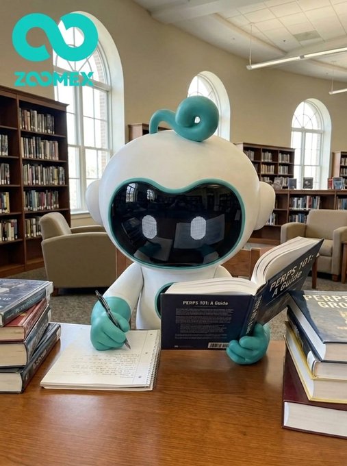 A friendly robot with the "Zoomex" logo on its head is studying in a library, reading a book titled "PERPS 101: A Guide" and taking notes. The image relates to the post by humorously depicting the robot, "Saylor," doing homework, implying a long and involved task.