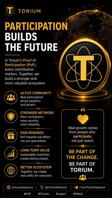 A dark promotional poster for Torium features a golden 'T' logo with the headline 'PARTICIPATION BUILDS THE FUTURE' and lists benefits like 'ACTIVE COMMUNITY' and 'STRONGER NETWORK'.
