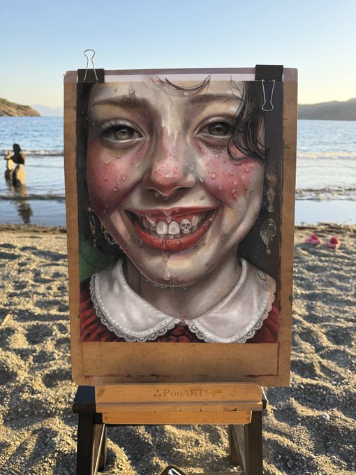 A hyperrealistic painting titled "Something Evil Lurks" by PonART, depicting a crying young girl with a missing tooth on a wooden easel at the beach, has been sold before its exhibition opening to @WAPSHOP_ETH and is now traveling overseas to another continent.