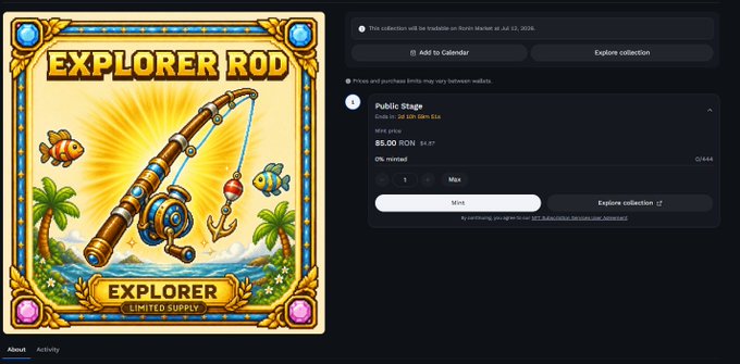 The image displays a vibrant "Explorer Rod" NFT card featuring a fishing rod with tropical fish and palm trees, marked as "Limited Supply" with a "Public Stage" mint price of 85 RON and 0% minted (0/444), aligning with the announcement that Explorer Rods minting is now live with a supply of 444 at 85 RON.