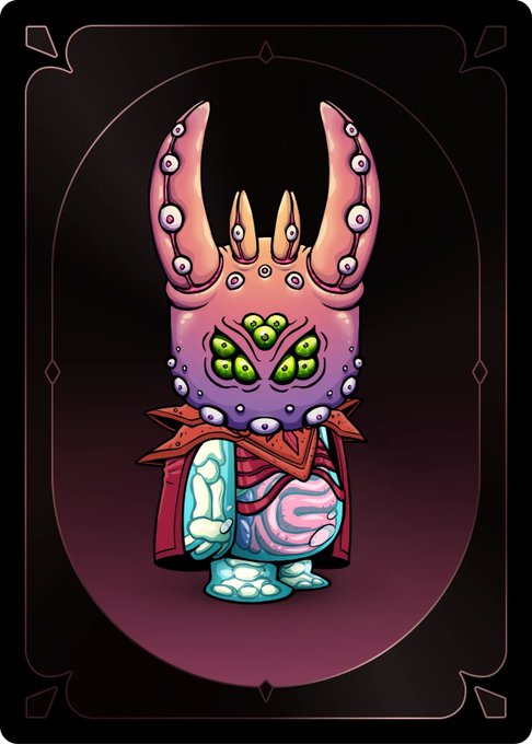 A stylized tarot-style card illustration featuring a pink and purple horned creature with multiple eyes, wearing a red cape and patterned outfit against a dark background.
