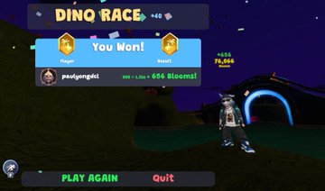 A video game victory screen for 'DINO RACE' showing the player 'paujanggadut' ranked 1st on Stage 6 with a 'You Won!' message, 696 Blooms! achievement, and 75,044 coins.