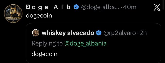 A screenshot of an X (Twitter) post by verified user 'Doge_Albania (@doge_albania)' simply saying 'dogecoin', quoting a reply from 'whiskey alvacado (@rp2alvaro)' that also says 'dogecoin'.