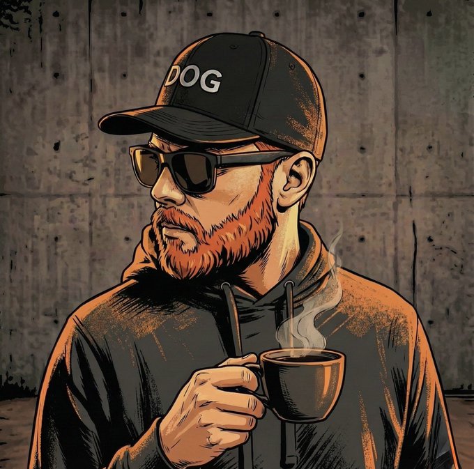 An illustrated portrait of a bearded man wearing sunglasses and a black cap labeled "DOG," holding a steaming cup of coffee against a concrete wall background.