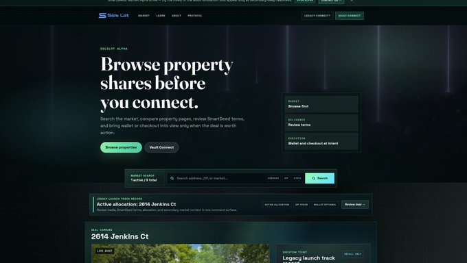 A dark-themed website for 'Stake Lend' features the headline 'Browse property shares before you connect' with navigation tabs for Market, Learn, About, and Protocol.