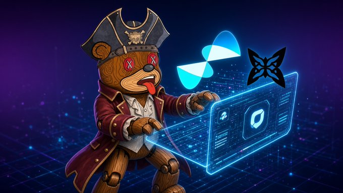 A cartoon pirate bear in a tricorn hat playfully sticks out its tongue while hacking into a holographic digital interface, with the Helium (HNT) and Render (RNDR) logos glowing in the background, evoking the crypto/Web3 theme referenced in the post about @quipnetwork's wallet flow and KBW testnet drops.