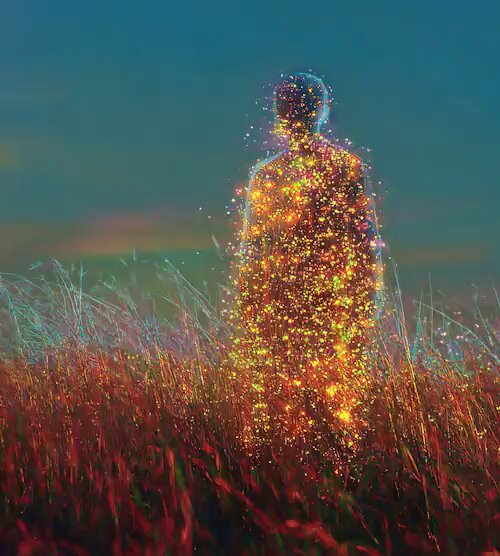 The image features a person standing in a field of tall grass, with their body covered in small lights that create an ethereal glow against the backdrop of the sky. The photo has been edited or photoshopped to give it a surreal appearance, making the person appear as if they are floating in space. The post is tagged with the artist's name and credit, indicating that this image was created by someone else for use on social media platforms like Instagram.