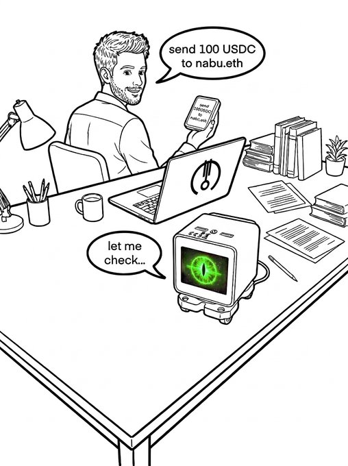 A black-and-white cartoon illustration showing a man at a desk sending 100 USDC to nabu.eth, with a small device on the desk responding 'let me check...' while displaying a green eye.