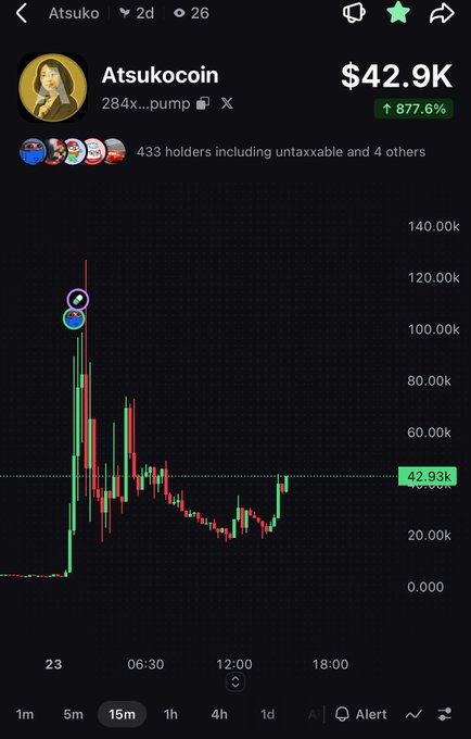 A cryptocurrency chart for Atsukocoin showing a market cap of $42.9K with an 877.6% increase, displaying candlestick price action that spiked then declined over a 2-day period.