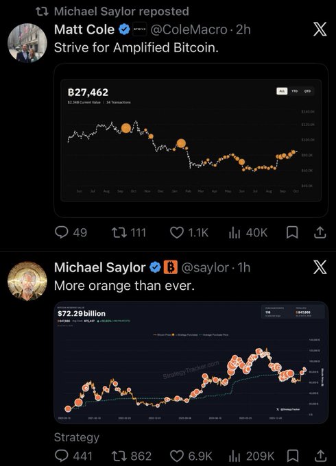 X/Twitter posts by Matt Cole and Michael Saylor showing Bitcoin and Strategy stock charts covered in orange dots, with Saylor's post 'Strive for Amplified Bitcoin' reposted and captioned 'More orange than ever.'