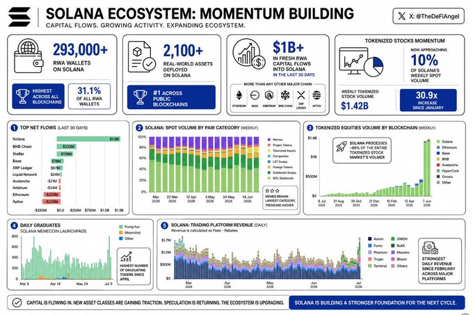 An infographic titled 'SOLANA ECOSYSTEM: MOMENTUM BUILDING' by @TheDefiAngel, highlighting 293,000+ RWA wallets, $1B+ RWA capital flows, 2,100+ real-world assets, and various Solana ecosystem charts.