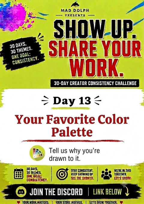 A promotional graphic for 'Mad Dolph Presents SHOW UP, SHARE YOUR WORK' 30-Day Creator Consistency Challenge, specifically Day 13 about 'Your Favorite Color Palette'.