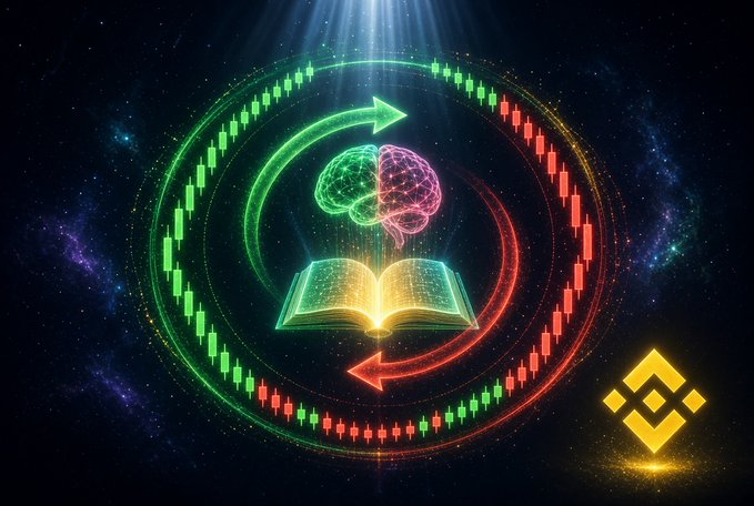 A glowing open book emits a beam of light onto a neon brain surrounded by an outer halo of green and red candlesticks with opposing arrows, set against a cosmic backdrop featuring the Binance logo—visually echoing how 24/7 crypto trading cycles rise and fall rapidly in both directions.
