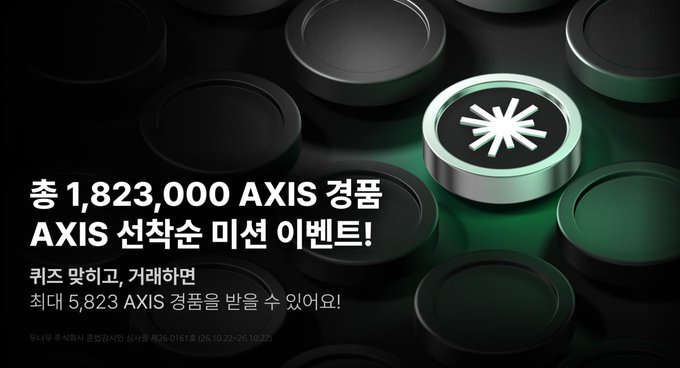A Korean crypto giveaway banner reads “총 1,823,000 AXIS 경품 AXIS 선착순 미션 이벤트!” and “키즈 맞히고, 거래하면 최대 5,823 AXIS 경품을 받을 수 있어요!”