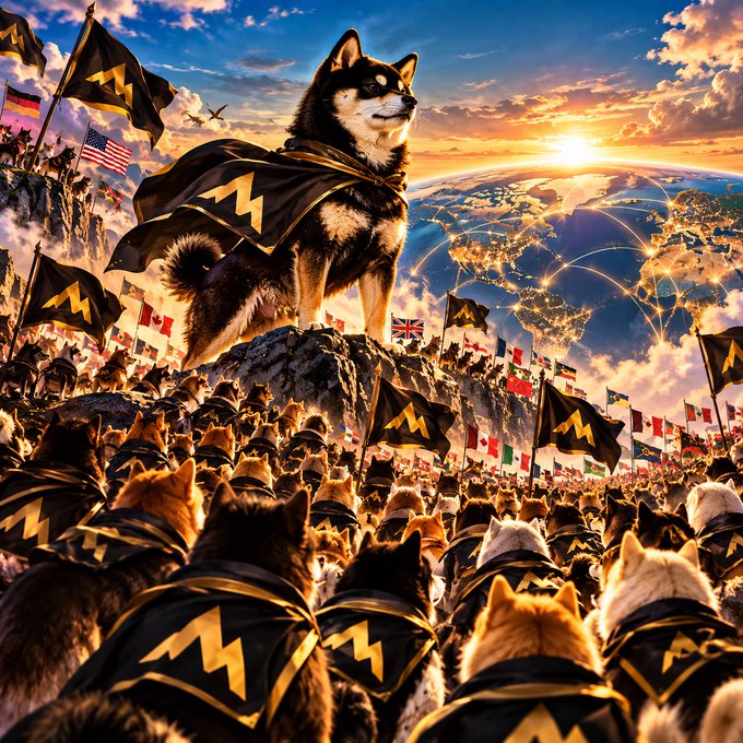 An epic fantasy illustration shows a Shiba Inu dog wearing a black and gold cape standing atop a mountain, looking over a vast army of similarly caped dogs holding various flags at sunset.