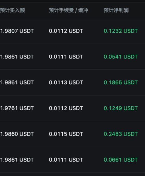 A dark-themed cryptocurrency trading interface displaying columns in Chinese for expected buy amount, fees/buffer, and expected net profit, all denominated in USDT.